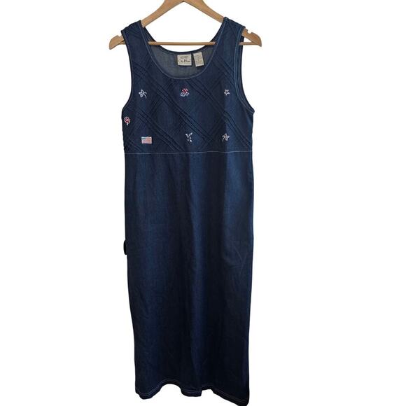Vintage Koret Denim Dress Size Small 90s Maxi Embroidered USA Stars Retro Granny - Picture 1 of 9
